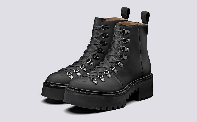 Grenson Nanette Womens Hiker Boots - Black Rubber Platform Sole MG3451